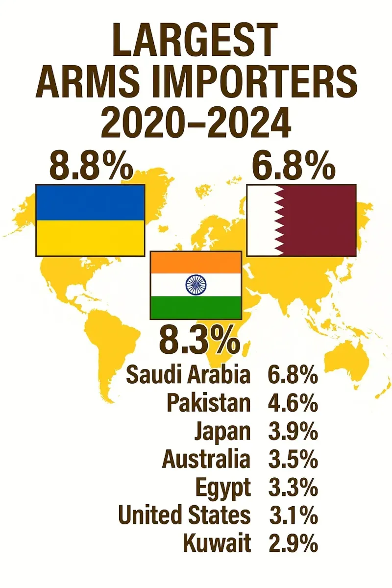 Global Arms Imports 2020–2024: Ukraine Surges to the Top in 